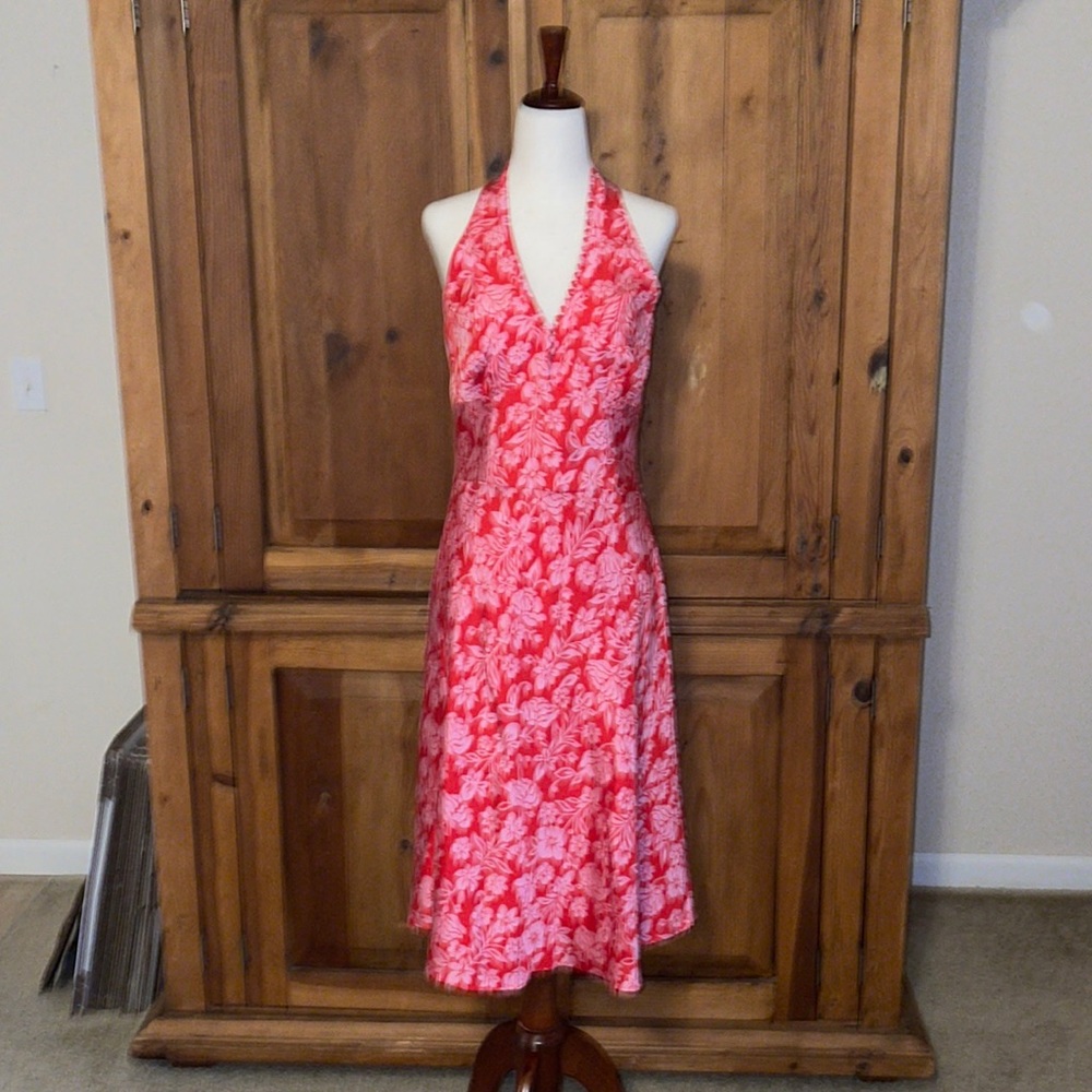 Laundry By Shelli Segal Silk Red & Pink Floral Halter Dress Sz. 8